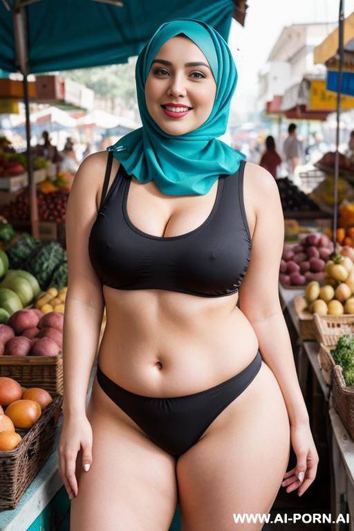 smiling curvy russian thick wife wearing hijab، sleeveless shirt and panties standing in market - #main