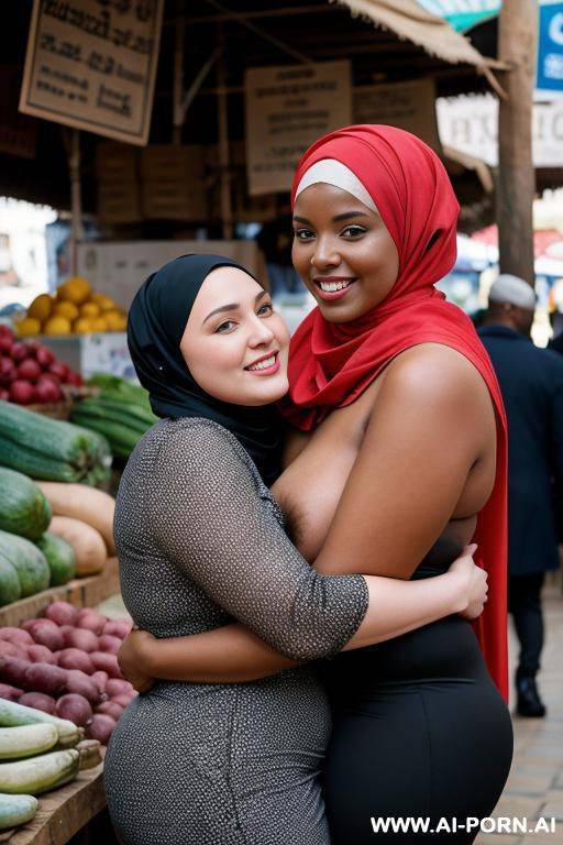 smiling curvy russian thick wife fully naked wearing hijab hugged from old african man in market - #main