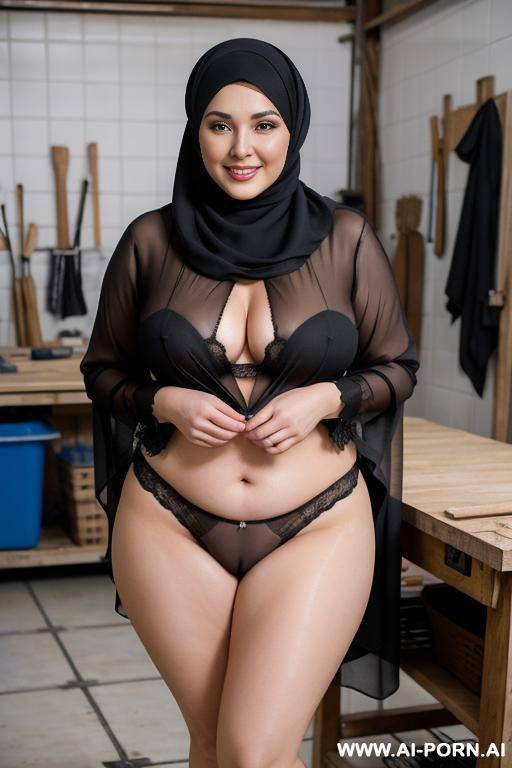 smiling curvy russian thick wife fully naked wearing hijab, wet shirt and panties standing with black man in workshop - #main