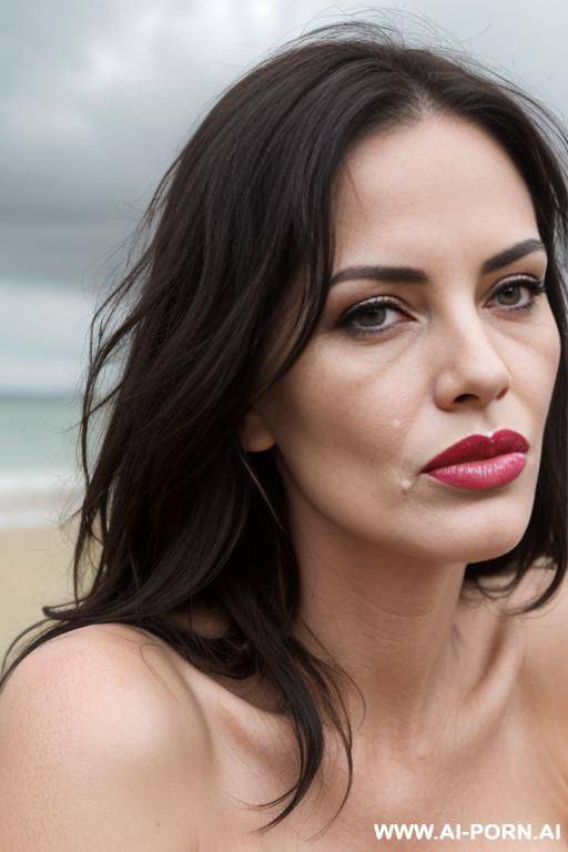 (((beautiful sexy attractive))) naked milf, ((kiss face)), beach, overcast cloudy day with diffuse soft light, (eye contact), [lipstick] - #main