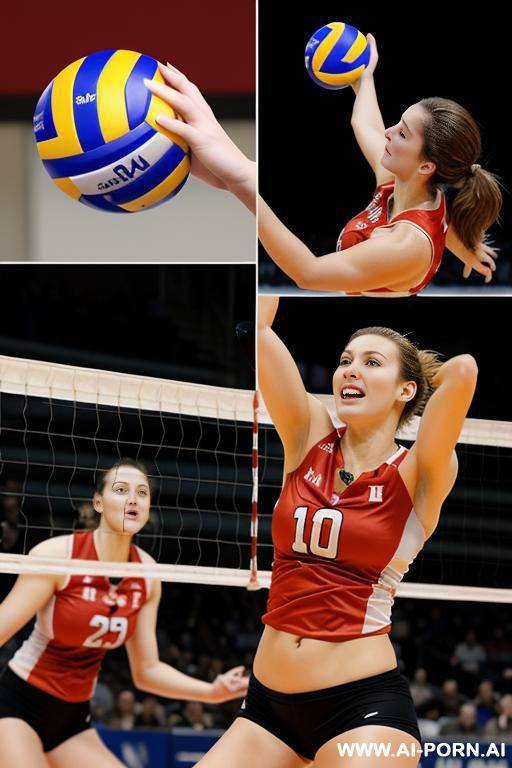 this image is a collage of two photos of smiling volleyball player, , hyper detailed photo, big tits - #main