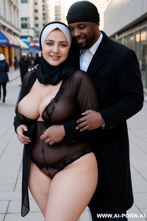 smiling curvy russian thick wife fully naked wearing hijab and panties hugged from homeless black man - #main