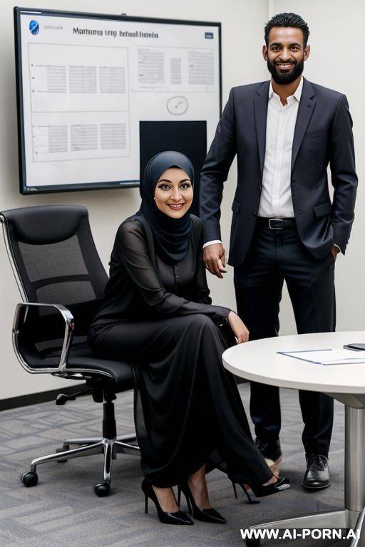 smiling female boss in hijab and naked next to homeless man in conference room - #main