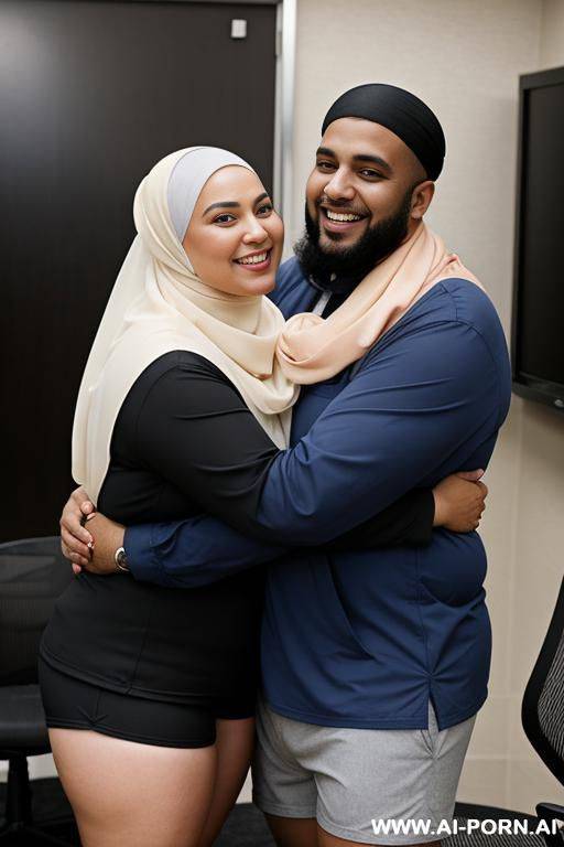 smiling fat wife in hijab and shorts hugging homeless man in conference room - #main