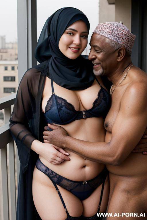 smiling curvy russian thick wife fully naked wearing hijab and transparent dark blue lingerie hugged from old homeless black man in balcony - #main
