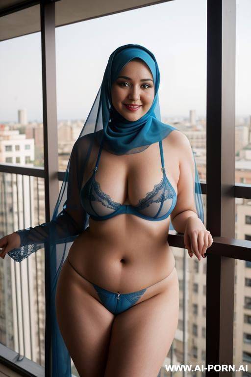 smiling curvy russian thick wife fully naked wearing hijab and transparent blue lingerie standing in balcony - #main