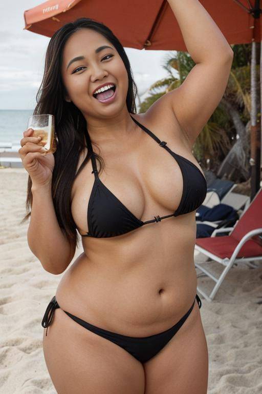 a fat chubby shorty filipina milf is posing wearing a black bikini. she is holding a beer bottle in her hand. she is screaming. the woman is happy and she is dancing. the woman has long - #main