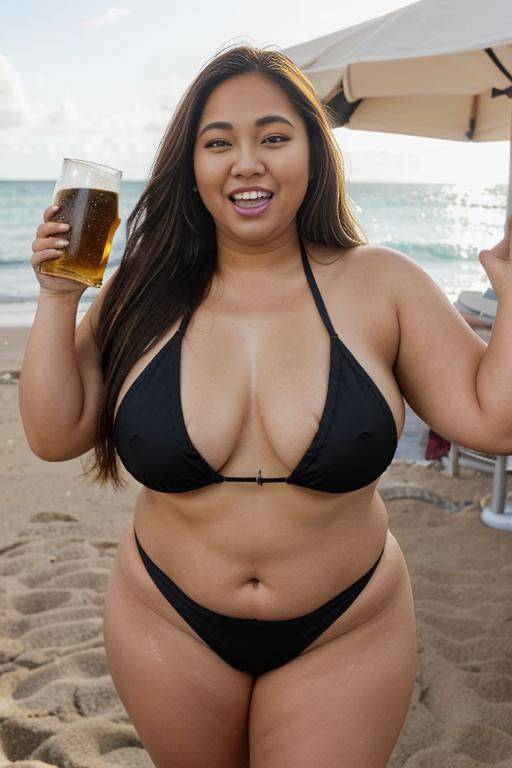 a fat chubby shorty filipina milf is posing with a handsome tall man. she is wearing a black bikini. she is holding a beer bottle in her hand. she is screaming. the woman is happy and - #main