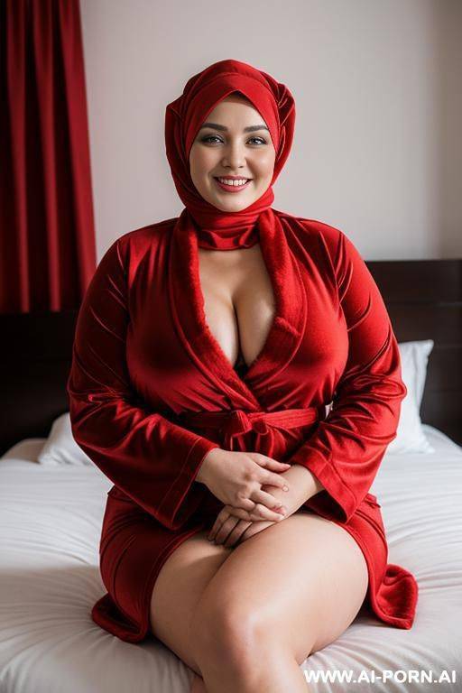smiling curvy russian thick wife wearing hijab and red bathrobe in bedroom - #main