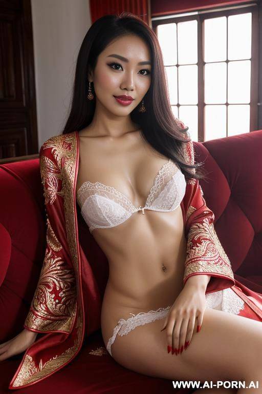 indonesian woman, happy, beautiful natural boobs, pretty natural body, red and white indonesian royal robes, royal lingerie, in a harem, on a couch - #main