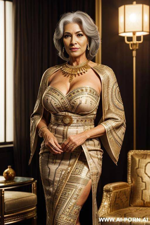 1 milf, fifty years old, realistic, beautiful face, hd, k, ((african)), complicated clothes, beautiful hands, equal eyes, white dress, loincloth dress, gold embroidery, full body, very revealing dress, - #main