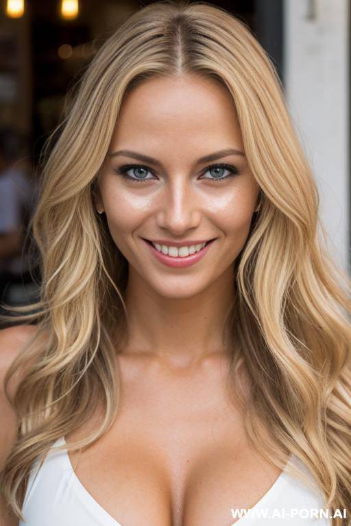 1, blonde long wavy hair, tanlines, fit, toned, s, lot of sperm on face, smile, in street cafe - #main