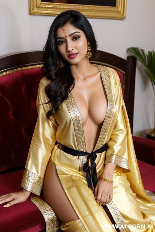 indian woman, happy, beautiful natural boobs, pretty natural body, yellow-gold and white royal indian robes with black and red, royal lingerie, in a harem, on a couch - #main