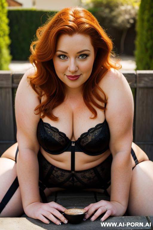 half-length photo, as a setting in the backyard area, a fat chubby fat thick and bbw redhead british, thick legs, she is drinking coffee at a sunny day. she has lovehandless and a soft - #main