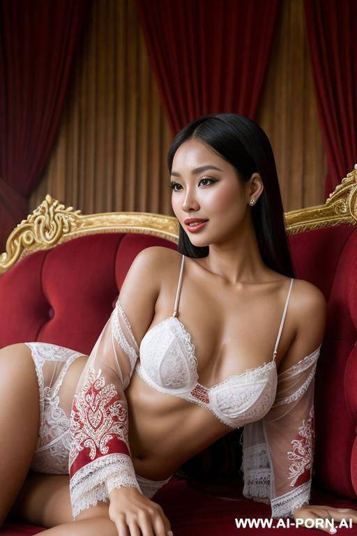 bali woman, happy, beautiful natural boobs, pretty natural body, red and white indonesian royal robes, royal lingerie, in a harem, on a couch - #main