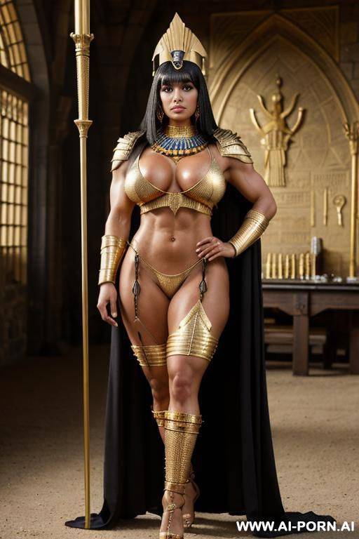 egyptian royalty. queen, royal necklace, pierced navel, rings, tiara, bracer, head dress, ((oversized full gigantic boobs)), anklet, huge nipples, gold armour, anklet, gold thigh high gladiator sandals. - #main