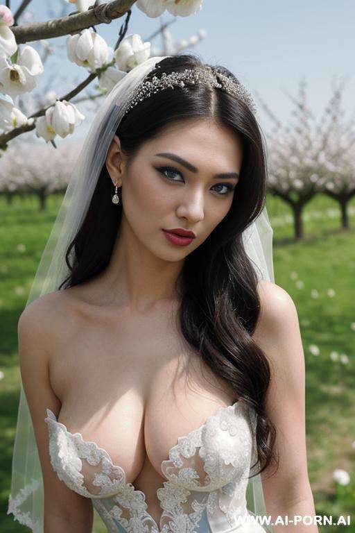 photorealistic, very beautiful bride, very transparent wedding dress, topless, show nipples, (light blue eyes), very white skin, goth skin, uzbek, - #main