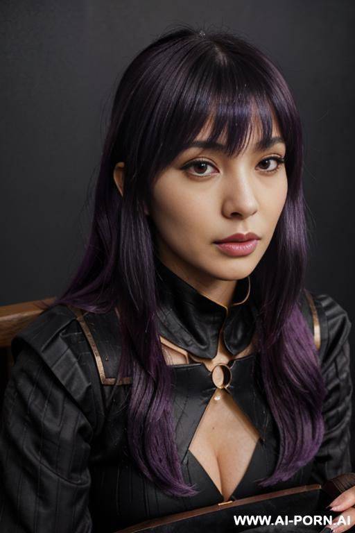 immersive, lovingly craving japanese, flowing wavy purple hair, closeup in luxurious clothes, she is seductively tanned, pleasure, real-life sei-ra sodes-hiro focus! - #main