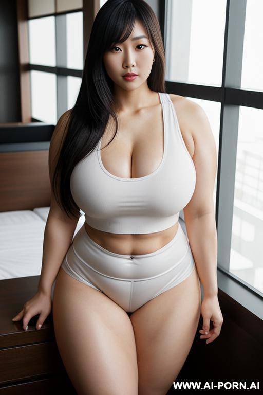 obese robust japanese woman, beautiful and attractive, sexy and buxom, tight shorts, tight tank top, (dirty), long asian hair, strong robust body, strong legs, muscular arms, big chest, ultra realistic, high quality, hdr - #main