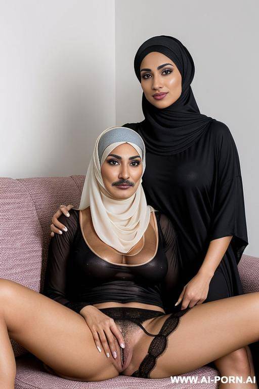 muscular arab milf with a mustache and hairy pussy wearing hijab hairy legs sitting on a couch with another arab woman on the lap with hairy pussy shirt hair on the lap - #main