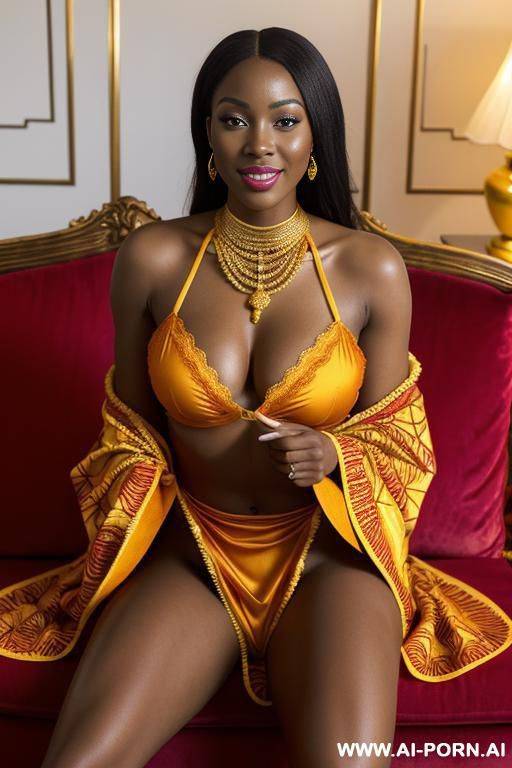west african woman, happy, beautiful natural boobs, natural pretty body, orange-red and yellow royal african robes, royal lingerie, in a harem, on a couch - #main