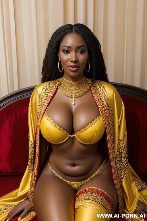 extremely realistic west african woman, happy, beautiful natural boobs, natural pretty body, red and yellow royal african robes, royal lingerie, in a harem, on a couch - #main