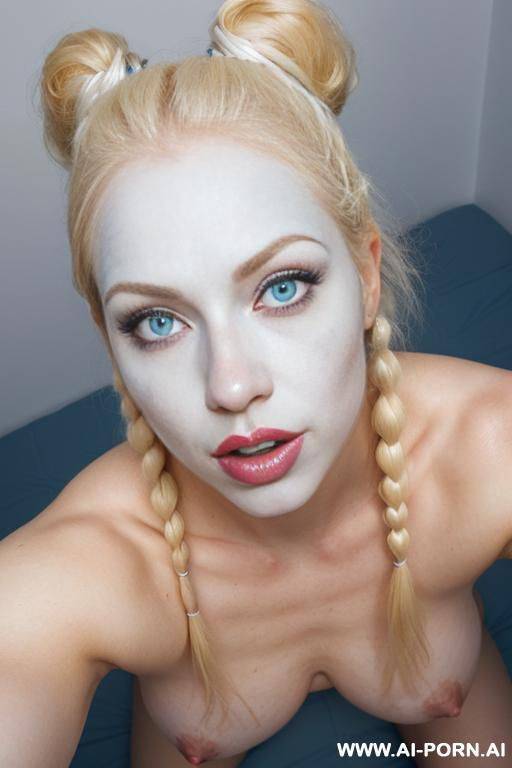 gorgeous, very beautiful, (white pallid skin), (white skin), looking into camera, kneeling, view from above, mouth wide open, ((topless)), ((top view)), clown painted face - #main