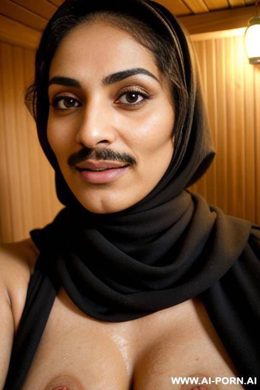 hairy arab lesbian milf with a mustache and wearing hijab touching hairy arab woman wearing a hijab in a sauna - #main