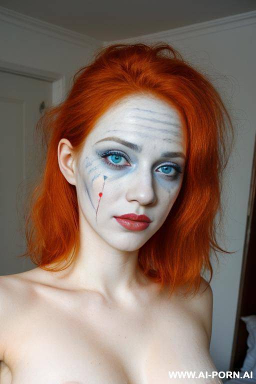 gorgeous, very beautiful, (white pallid skin), (white skin), looking into camera, ((topless)), clown painted face - #main