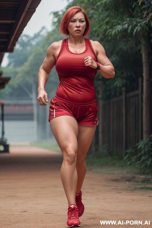 gym milf chubby muscular, blonde bob, russian, sweating, running, angry look on face - #main