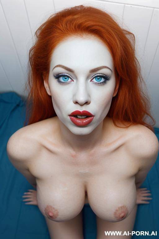 gorgeous, very beautiful, (white pallid skin), (white skin), looking into camera, kneeling, view from above, ((mouth wide open)), ((topless)), ((top view)), clown painted face - #main