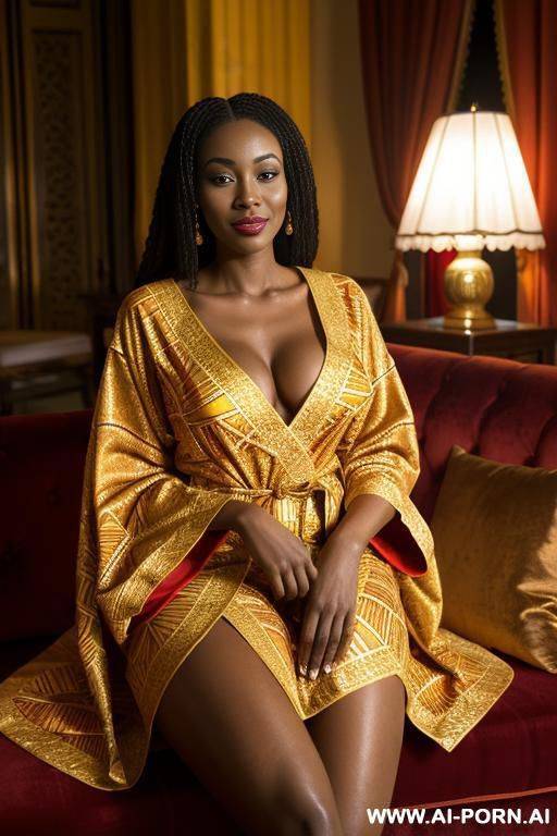 west african woman, happy, beautiful natural boobs, natural pretty body, orange-red and yellow royal african robes, royal lingerie, in a harem, on a couch - #main