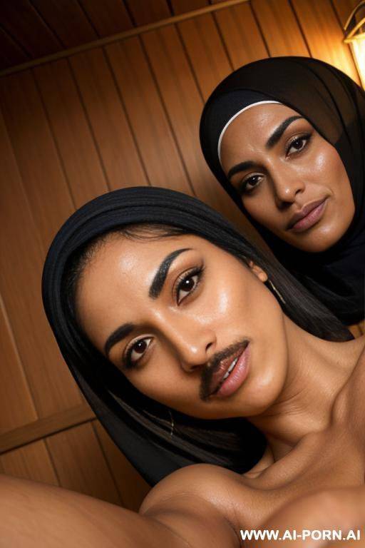 hairy arab lesbian milf with a mustache and wearing hijab touching hairy arab woman with mustache and very hairy pussy and hairy legs wearing a hijab in a sauna - #main