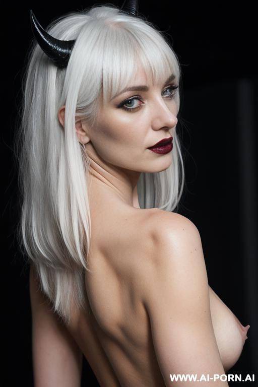 ( goth), (slutty expression), (goth princess), (white hair), (long hair), (devil horns), (totally naked), (showing pussy), (firm tits), ((open pussy)) - #main