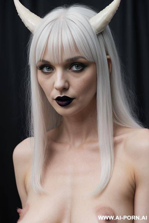 ( goth), (slutty expression), (goth princess), (white hair), (long hair), (devil horns), (totally naked), (showing asshole), (firm tits) - #main