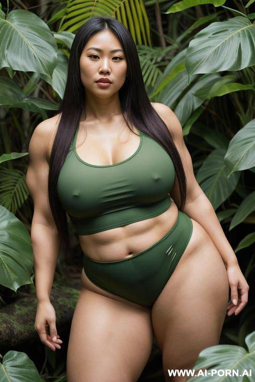 japanese obese muscular beautiful woman, sexy and buxom, in a skimpy explorer leaf green attire, very tight shorts, putting on a very tight tank top, in the jungle, long asian hair, huge muscular strong thighs, muscular strong arms, - #main