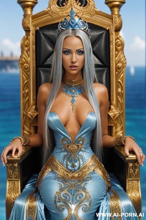 (close up) (extremely tanned atlantis princess) (blue eyes) (atlantis throne room) (topless ornate dress) (gold hair with silver highlights) - #main