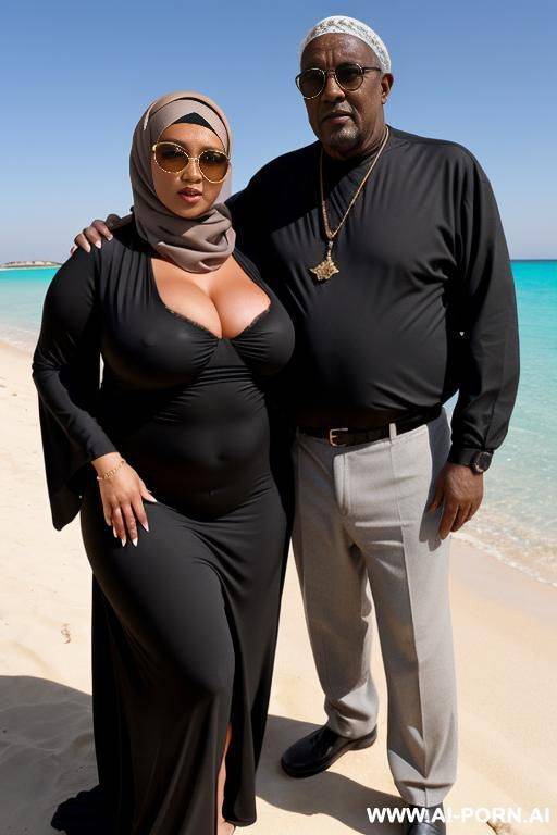 curvy russian brunette chubby wife wearing hijab and fully naked standing beside sitting old black man wearing dark sunglasses - #main