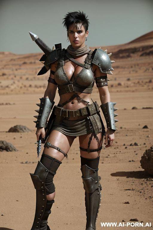soldier on a battlefield. muscular body with toned abs. shorty, spiky punk hair. sweat and grime on body. armoured shoulder pads. armoured legs. holding crossbow in hand. fallout raider. mad max. - #main
