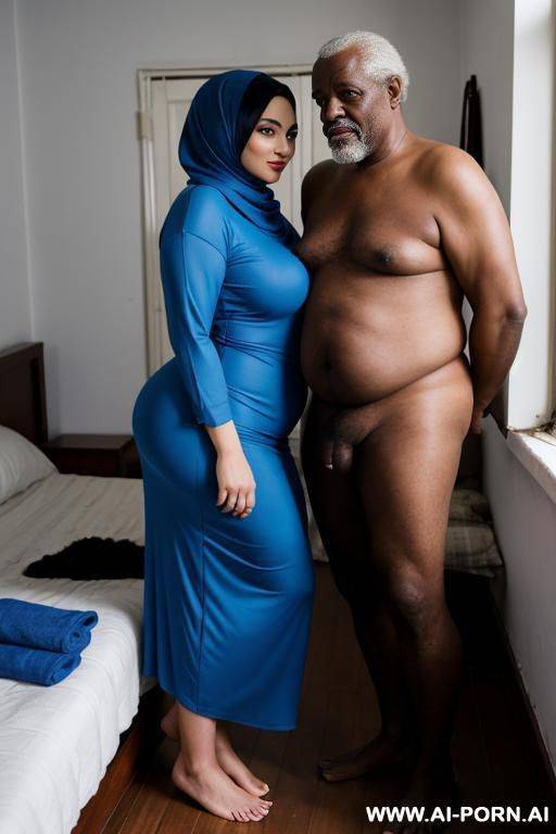 happy curvy russian brunette thick wife fully naked wearing blue hijab standing with old homeless black man in bedroom - #main