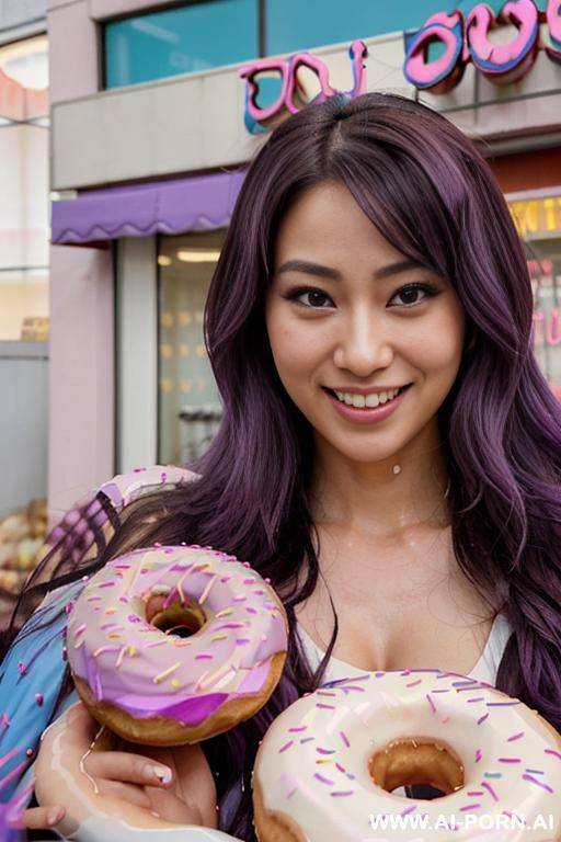 close!, immersive expression, lovingly craving asian, flowing wavy purple hair, closeup in luxurious clothes, she is seductively tanned, pleasure, real-life sei-ra sodes-hiro! - #main