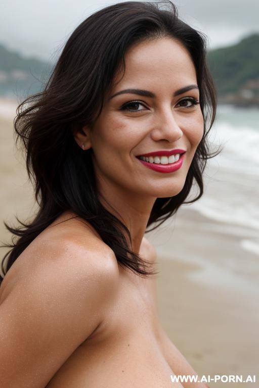 (((beautiful sexy attractive))) naked milf, beach, overcast cloudy day with diffuse soft light, (eye contact), happy smile, [lipstick] - #main