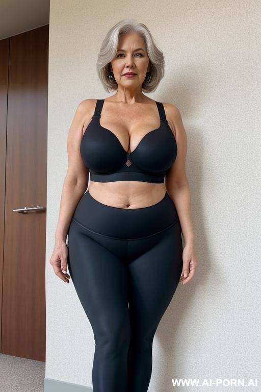 chubby grandma, 0 years old, full body, standing, obvious age marks, triangle hips, thick thighs, wearing yoga pants and bra - #main