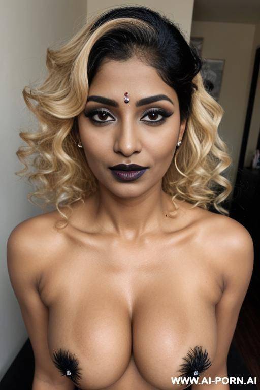 latina, curly hair, blonde, milf, black lipstick, naked, mascara, keep face, same face, - #main