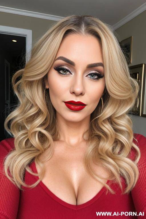 curly long hair, blonde, milf, red lipstick, makeup, normal - #main