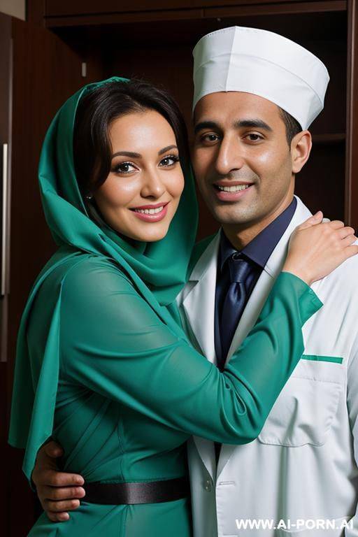 smiling curvy russian brunette busty wife topless wearing green hijab and surgical gowns hugged from egyptian man doctor - #main
