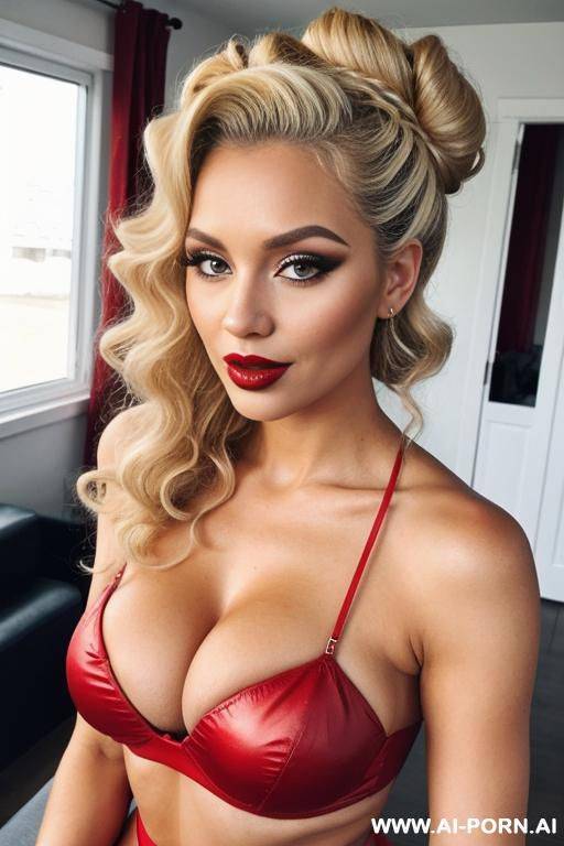 curly hair bun, blonde, milf, red lipstick, makeup, normal - #main