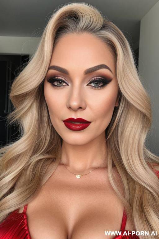 long hair curly, blonde, milf, red lipstick, makeup, normal - #main