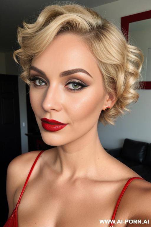 short hair curly, blonde, milf, red lipstick, makeup, normal - #main