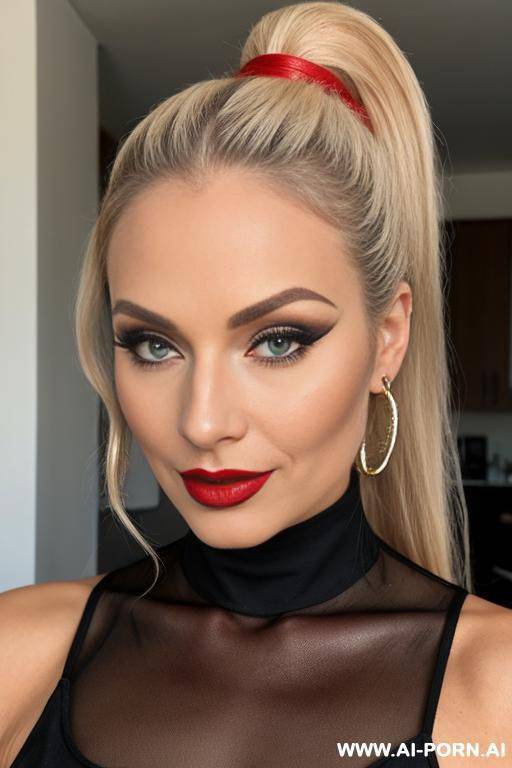 long ponytail, blonde, milf, red lipstick, makeup, normal - #main